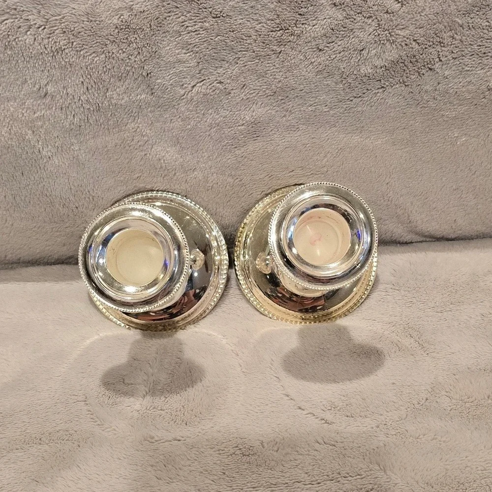 Vintage Silver Plated Beaded Rim Candlestick Holders Set of 2 Weighted Base